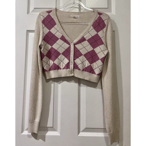 Aeropostale Argyle V Neck Crop Knit Cardigan Womens M Clueless Preppy Academia - Picture 1 of 6